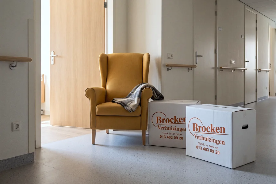 Een leunstoel met plaid en twee verhuisdozen voor een open kamerdeur in de gang van een verpleeghuis.