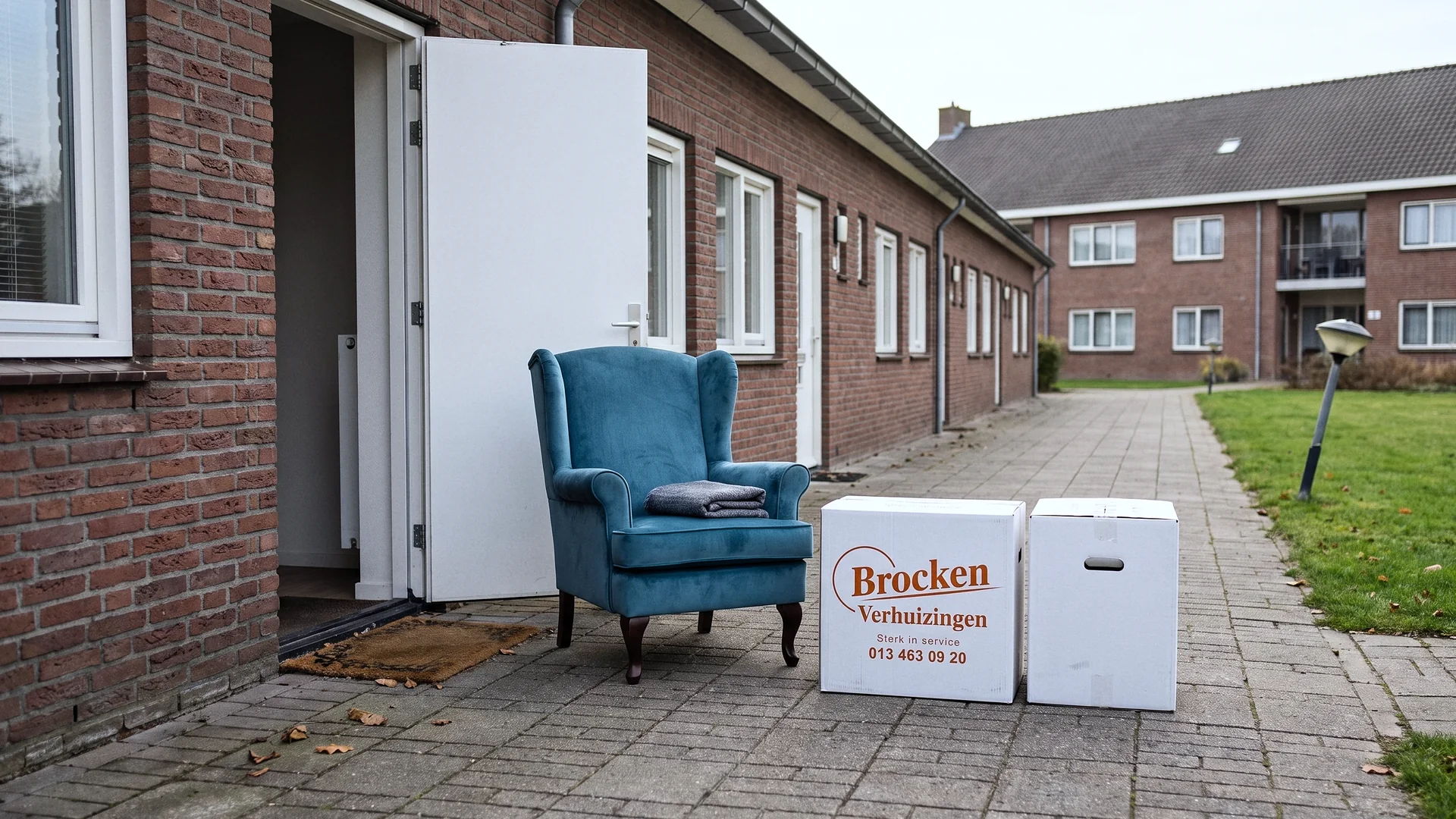 Een leunstoel en verhuisdozen op het pad voor de open voordeur van een gelijkvloerse woning.
