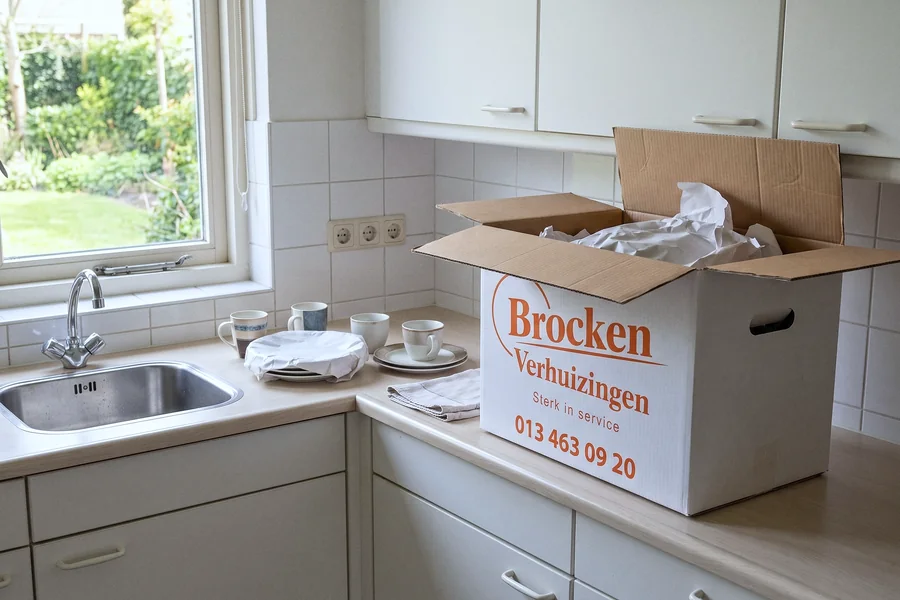 Een open verhuisdoos en servies, deels in pakpapier, op het aanrecht van een kleine keuken.