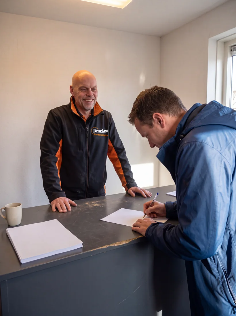 Klant tekent aan de balie van Brocken Verhuizingen de opdracht, terwijl een medewerker meekijkt