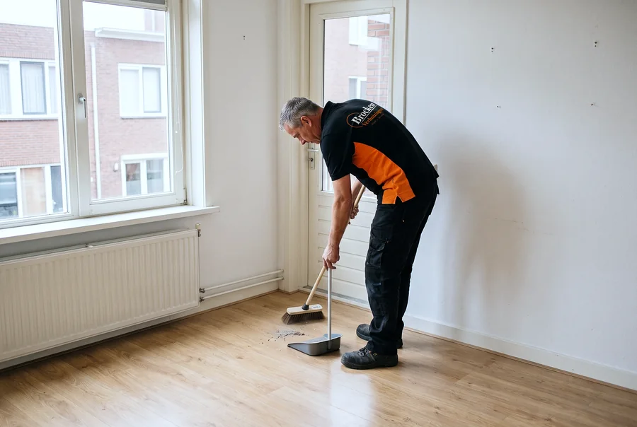 Verhuizer van Brocken Verhuizingen veegt de lege woonkamer bezemschoon