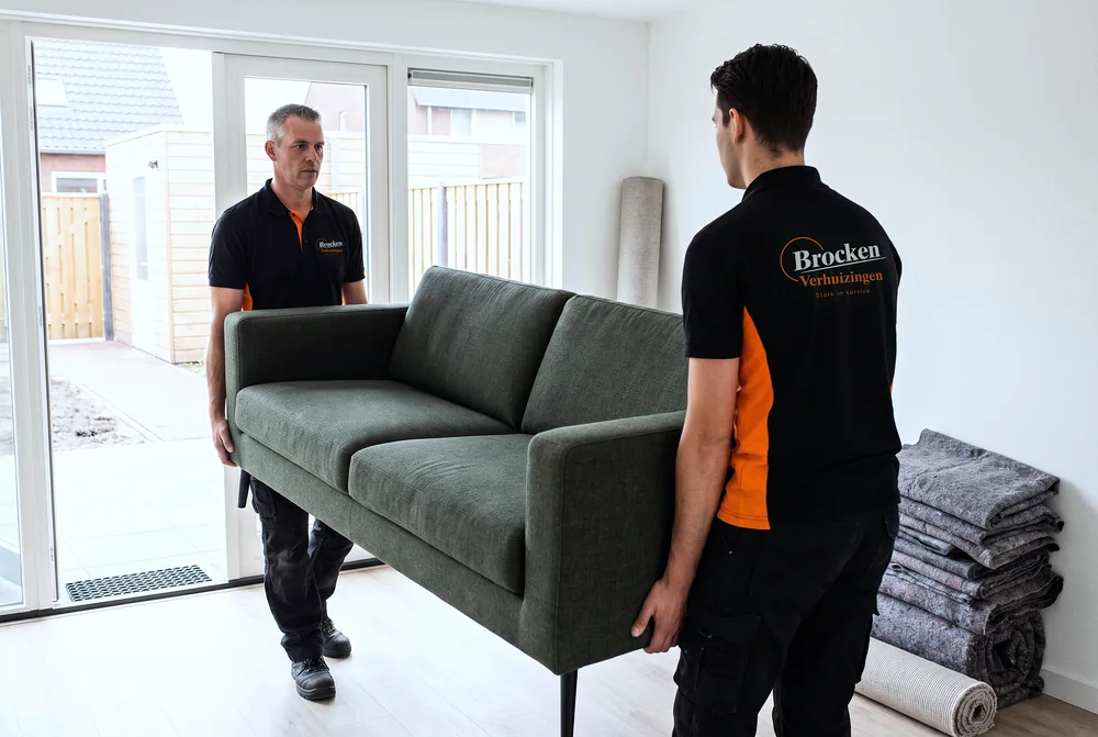 Twee verhuizers van Brocken Verhuizingen zetten een groene bank neer in de lichte woonkamer van een nieuwe woning