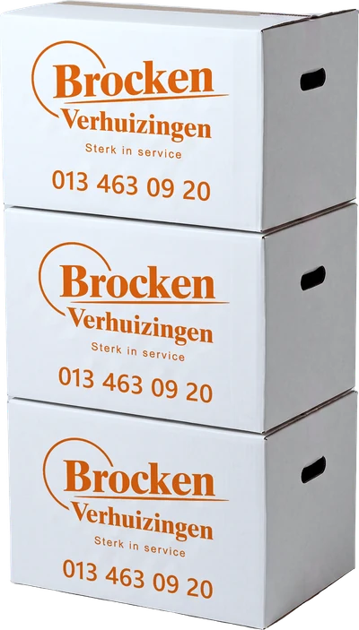 Drie gestapelde verhuisdozen van Brocken Verhuizingen met het logo en het telefoonnummer