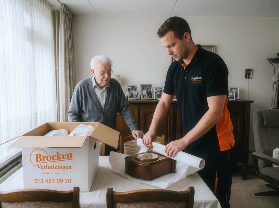 Verhuizer van Brocken Verhuizingen pakt een pendule in papier in, terwijl een oudere bewoner aan tafel meekijkt