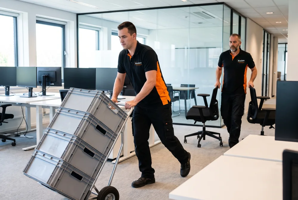 Twee verhuizers van Brocken Verhuizingen rijden verhuiskratten door een kantoor