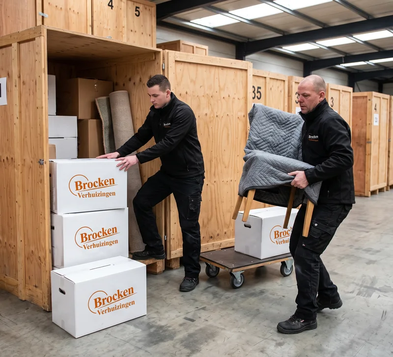 Twee verhuizers van Brocken Verhuizingen zetten verhuisdozen en een stoel in een houten opslagkist