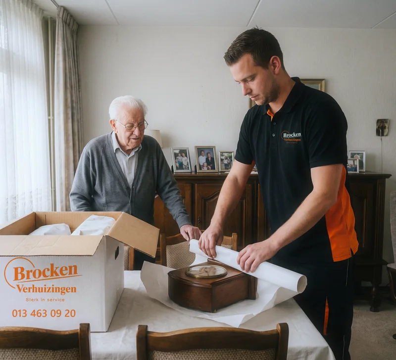 Verhuizer van Brocken Verhuizingen pakt een pendule in papier in, terwijl een oudere bewoner aan tafel meekijkt