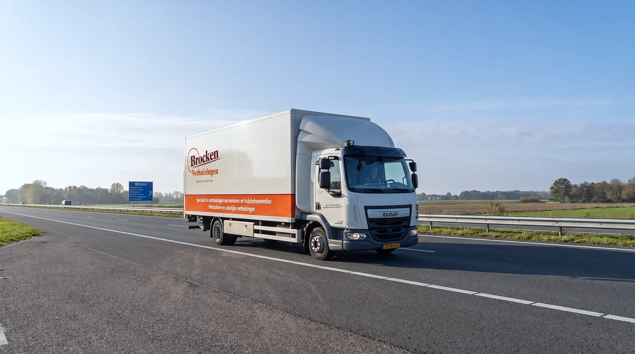 Vrachtwagen van Brocken Verhuizingen op de snelweg langs weilanden