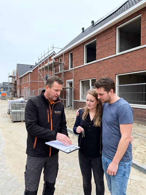 Een medewerker van Brocken Verhuizingen neemt met een jong stel de planning door bij hun nieuwbouwwoning