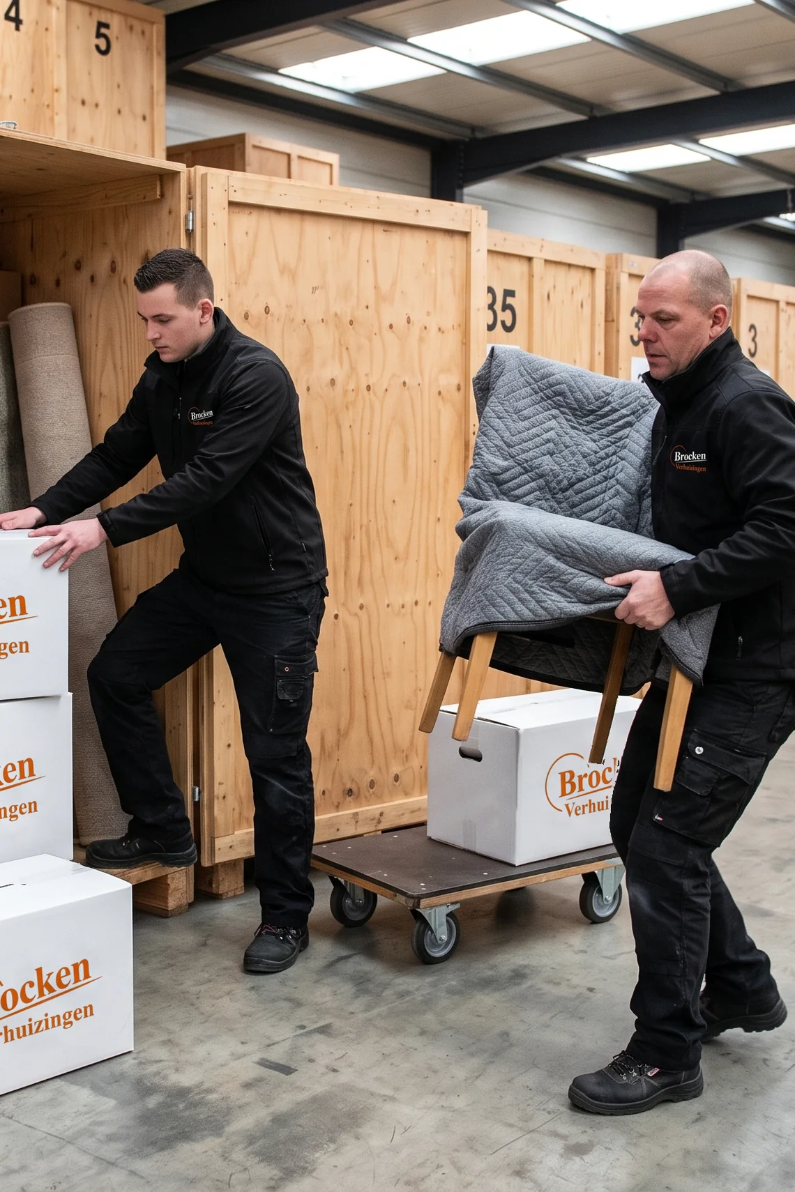 Twee verhuizers van Brocken Verhuizingen laden een verhuisdoos en een stoel in een verhuisdeken in een houten opslagkist