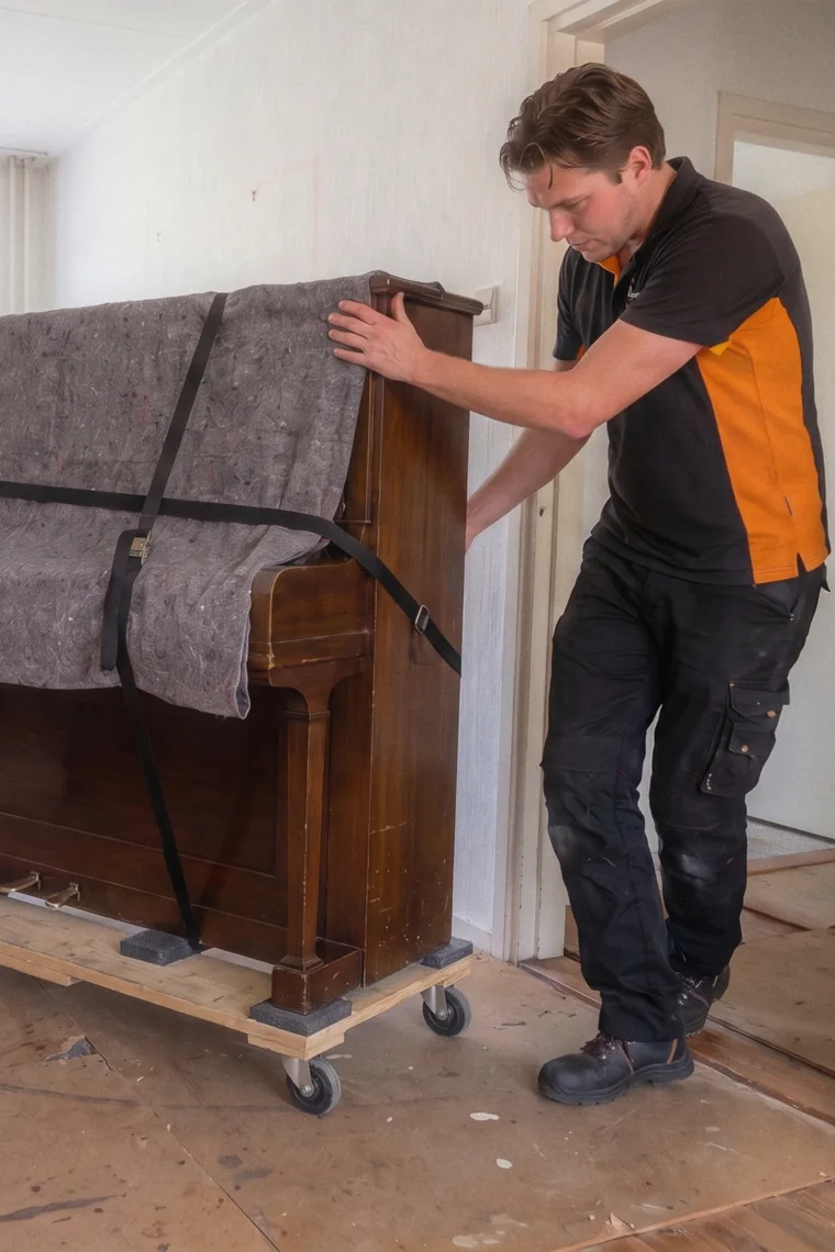 Verhuizer van Brocken Verhuizingen duwt een piano in een verhuisdeken op een rolplateau door de kamer