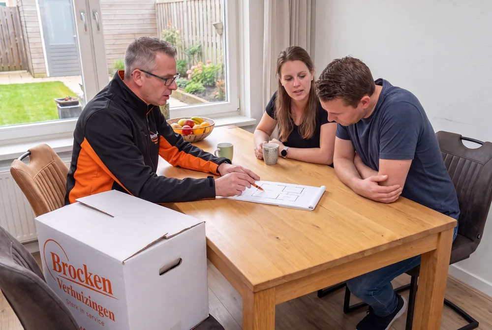 Verhuizer van Brocken Verhuizingen bespreekt aan de keukentafel een plattegrond met twee bewoners, met een verhuisdoos naast de tafel
