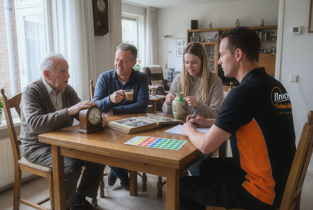 Een oudere man vertelt aan de eettafel over zijn klok, met zijn zoon en kleindochter, terwijl een verhuizer van Brocken Verhuizingen meeluistert en aantekeningen maakt