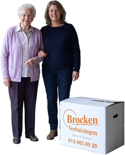 Een oudere vrouw staat gearmd met haar dochter naast een verhuisdoos van Brocken Verhuizingen